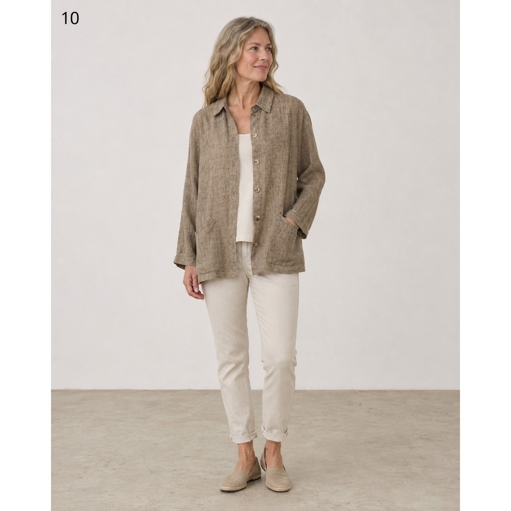 Chico's Minimalist Button Front Shirt Womens M Tan Linen Pockets Coastal Grandma